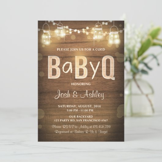 Baby Q uitnodiging Coed BBQ Baby shower Rustiek Ho (Staand voorkant)