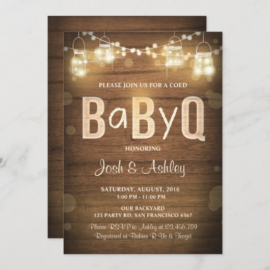 Baby Q uitnodiging Coed BBQ Baby shower Rustiek Ho (Voorkant / Achterkant)