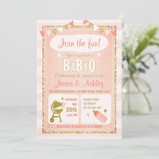 Baby Q uitnodiging Coed BBQ Baby shower Uitnodigen (Staand voorkant)