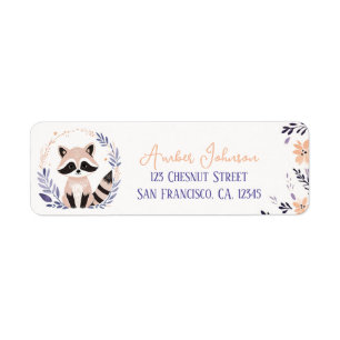 Baby Raccoon Boho Perzik Lavendel Floral Design - Etiket