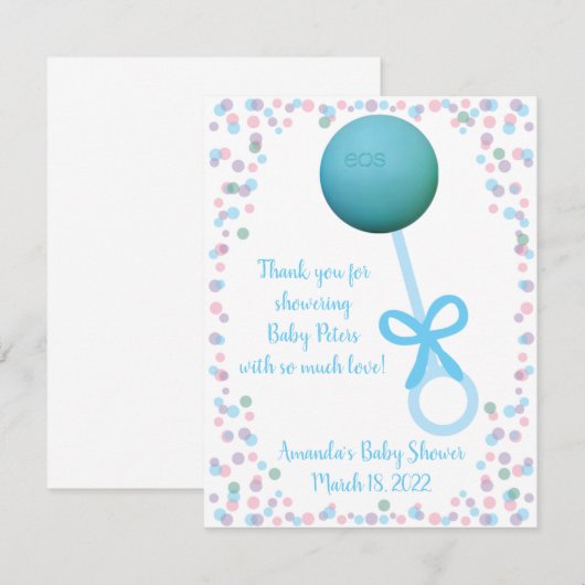Baby Rattle Shower Favor, EOS lip balm Notitiekaartje (Voorkant / Achterkant)
