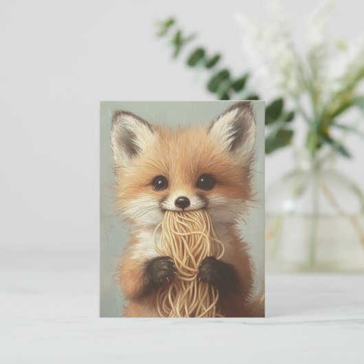 baby Red Fox eet spaghetti Briefkaart (Staand voorkant)