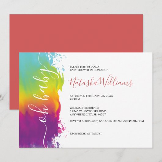 Baby, regenboogWaterverf Baby shower, Sinaasappel Kaart (Voorkant / Achterkant)