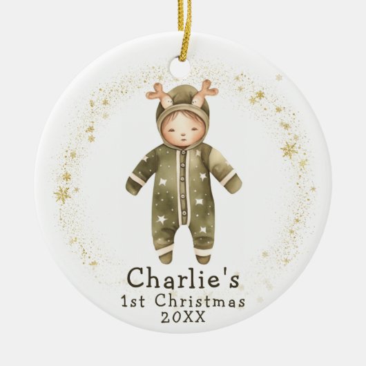 Baby ReindeerJumpsuit Baby's Eerste Kerstmis Keramisch Ornament (Voorkant)