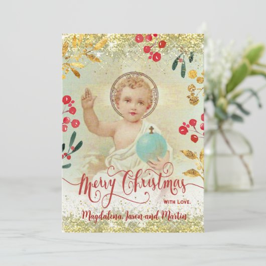 Baby religieuze kerstabel kaart (Staand voorkant)