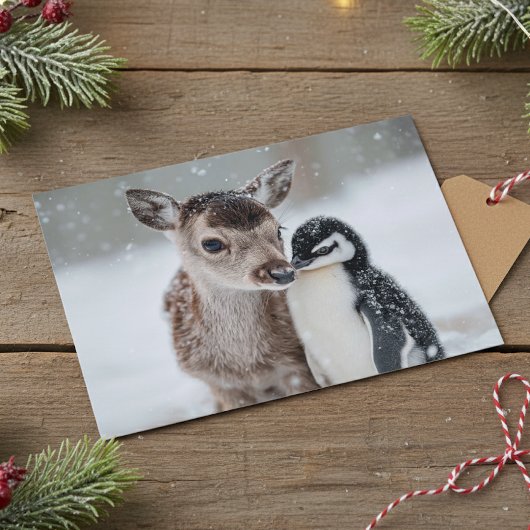 Baby rendier en pinguïn kerstvakantie briefkaart