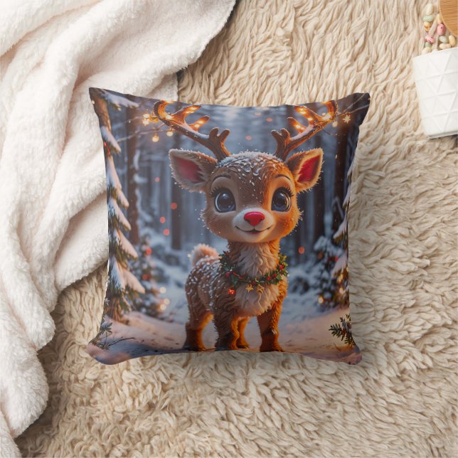 Baby rendier in het besneeuwde bos kussen (Deken)