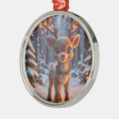 Baby rendier in het besneeuwde bos metalen ornament (Links)