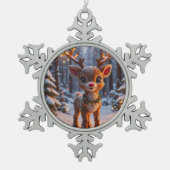 Baby rendier in het besneeuwde bos tin sneeuwvlok ornament (Voorkant)