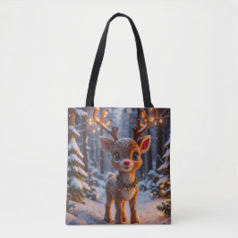 Baby rendier in het besneeuwde bos tote bag