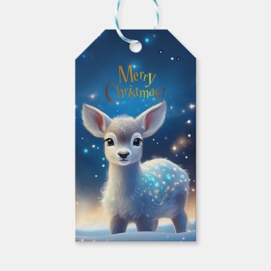 Baby rendier met vrolijk kerstbericht cadeaulabel (Voorkant)