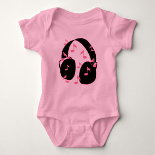Baby Rock.  Hoofdtelefoon met muzieknotitieroze Romper