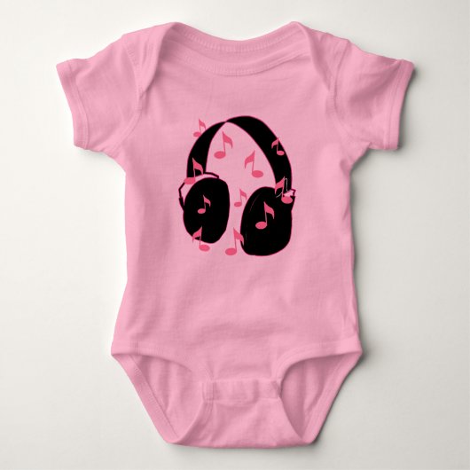 Baby Rock.  Hoofdtelefoon met muzieknotitieroze Romper (Voorkant)