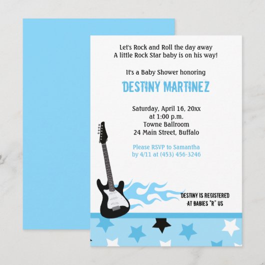 Baby Rock Star (Blue) Baby shower Invitation Kaart (Voorkant / Achterkant)