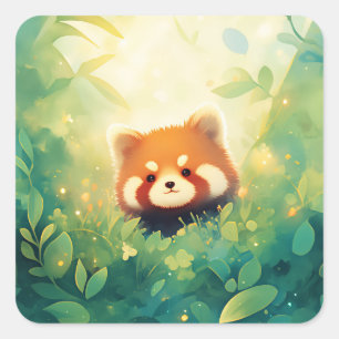 Baby Rode Panda die door Groene Bosbladeren gluurt Vierkante Sticker
