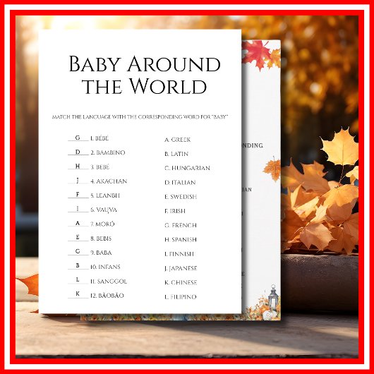 BABY ROND DE WERELD Baby shower Spel POMPOEN Kaart