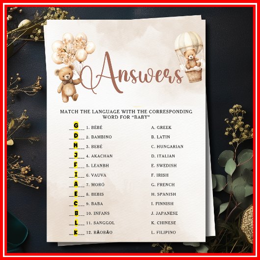 BABY ROND DE WERELD Baby shower Spel Schattige Bee Kaart