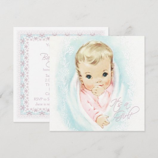 Baby Roze  Baby Meisje Douche Kaart (Voorkant / Achterkant)