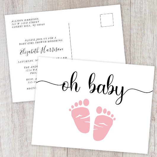 Baby roze babymeisjesdouche uitnodiging briefkaart