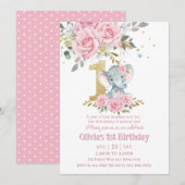 Baby Roze Bloemen Schattigee Olifant Een 1e Verjaa Kaart (Voorkant / Achterkant)