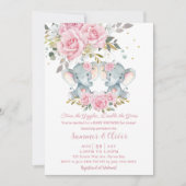 Baby Roze Bloemen Schattigee Olifanten Tweeling Ba Kaart (Voorkant)
