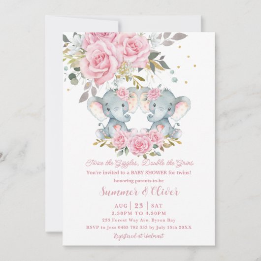Baby Roze Bloemen Schattigee Olifanten Tweeling Ba Kaart (Voorkant)