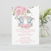 Baby Roze Bloemen Schattigee Olifanten Tweeling Ba Kaart (Staand voorkant)