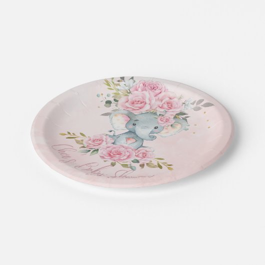 Baby Roze Bloemen Schattigee Olifanten Tweeling Ba Papieren Bordje (Gekanteld)