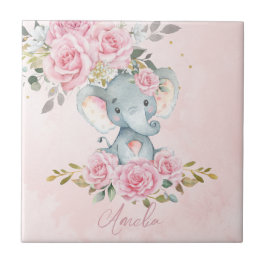 Baby Roze Bloemige Cute Olifant Nursery Slaapkamer Tegeltje