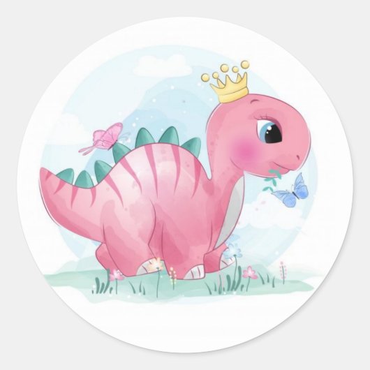 Baby Roze dinosaurus met kroon Ronde Sticker (Voorkant)