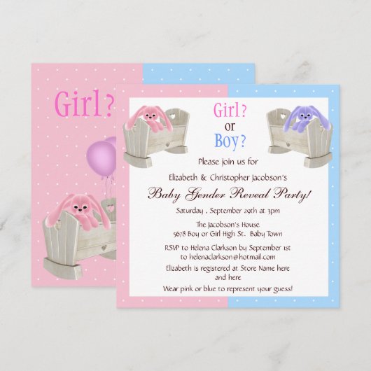 Baby Roze en Blauwe Bunnies & Wiegjes onthullen Kaart (Voorkant / Achterkant)