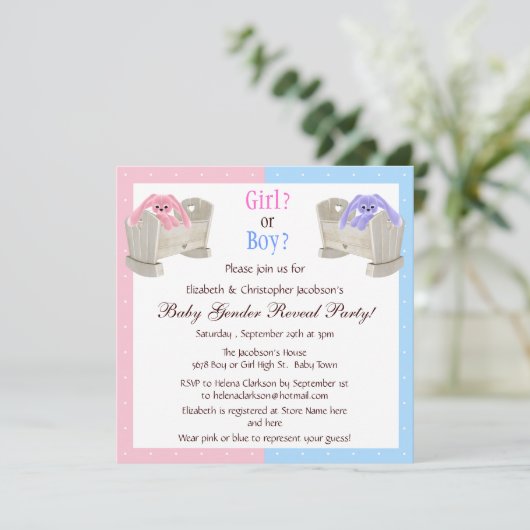 Baby Roze en Blauwe Bunnies & Wiegjes onthullen Kaart (Staand voorkant)