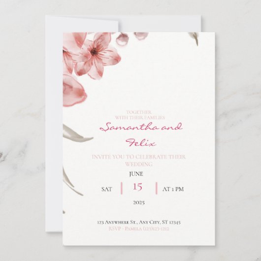 Baby Roze en Groene Floral Wedding Invitation Kaart (Voorkant)