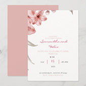 Baby Roze en Groene Floral Wedding Invitation Kaart (Voorkant / Achterkant)