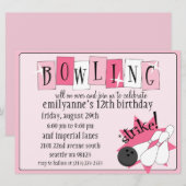Baby roze en volledig retro Bowling Birthday Party Kaart (Voorkant / Achterkant)