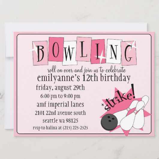 Baby roze en volledig retro Bowling Birthday Party Kaart (Voorkant)