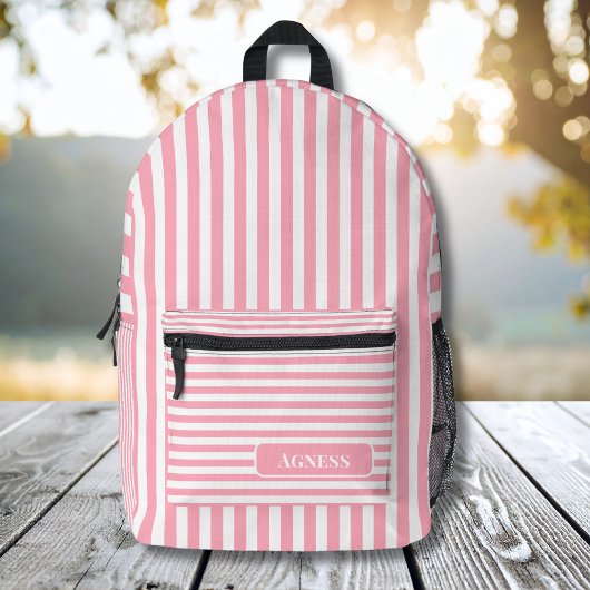 Baby Roze en Wit  Gestreepte Naam Bedrukte Rugzak