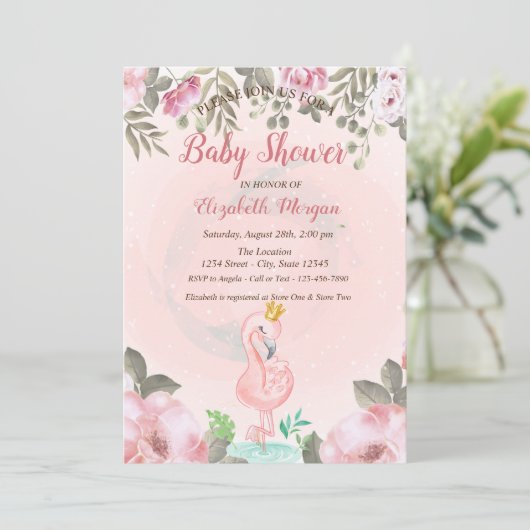 Baby Roze Flamingo Crown Floral Baby shower Kaart (Staand voorkant)