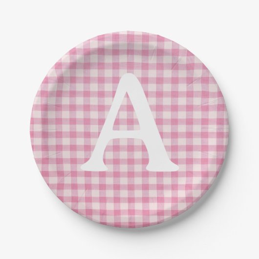 Baby Roze Gingham Aangepaste Initiaal Papieren Bordje (Voorkant)