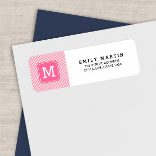 Baby Roze Gingham Monogram Adres Etiket