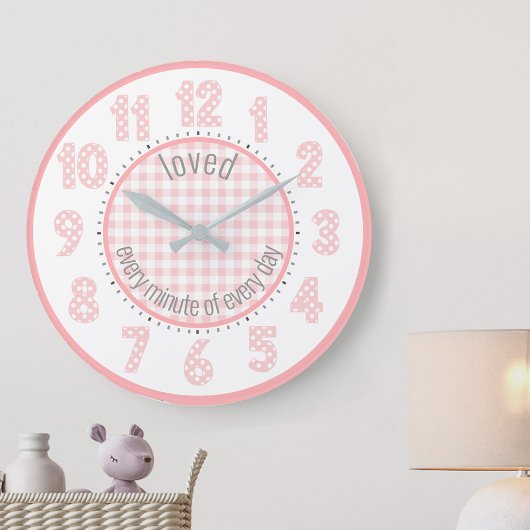 Baby roze gingham Polka Dot Numbers Neursery Clock Grote Klok