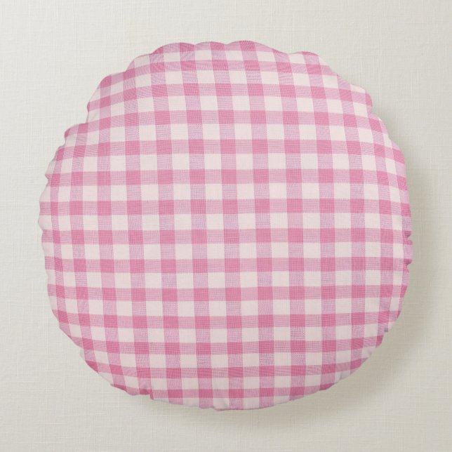 Baby Roze Gingham Rond Kussen (Voorkant)