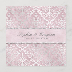 Baby roze Glimmer Damask Wedding Invite Kaart