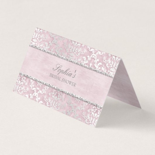 Baby Roze Glimmer Damask Wedding Place Card Visitekaartje (Voorkant)
