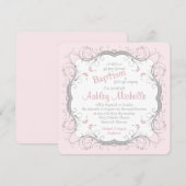 Baby Roze grijze scroller Floral Baptisme Uitnodig Kaart (Voorkant / Achterkant)