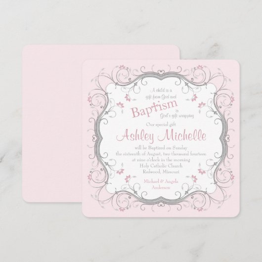 Baby Roze grijze scroller Floral Baptisme Uitnodig Kaart (Voorkant / Achterkant)
