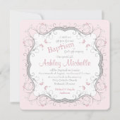 Baby Roze grijze scroller Floral Baptisme Uitnodig Kaart (Voorkant)