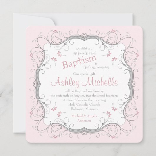 Baby Roze grijze scroller Floral Baptisme Uitnodig Kaart (Voorkant)