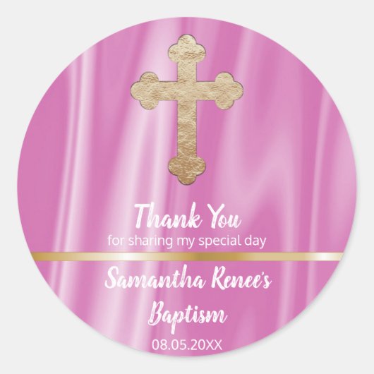 Baby Roze Kruis Doop Favor | Meisje dank je Ronde Sticker (Voorkant)