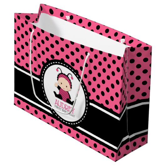 Baby Roze Ladybug First Birthday Baby shower Groot Cadeauzakje (Voorkant Gekanteld)